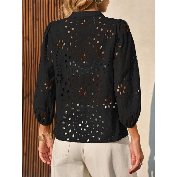 Womens Cotton Deep V Neck Eyelet Blouse 3/4 Balloon Sleeve Casual Elegant - Picture 7 of 8